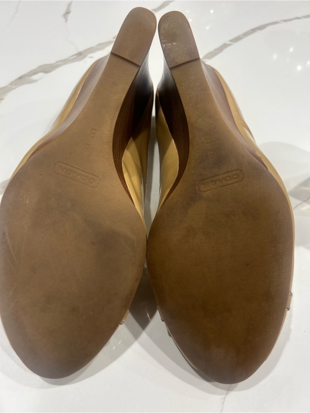 Coach Elora Patent Leather Peep-Toe Pumps in Camel/Tan with Logo Hardware - Picture 6 of 8